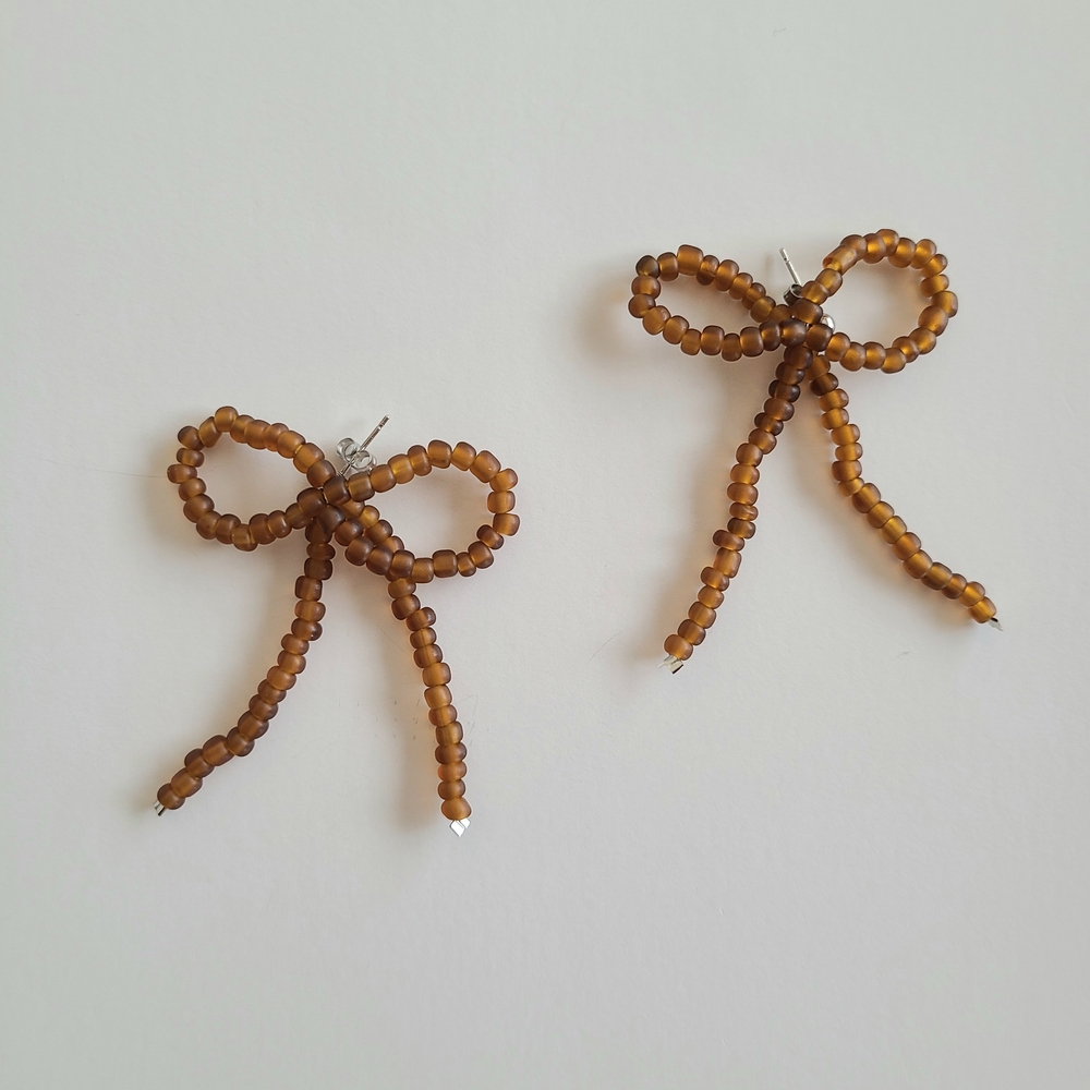 Brown Beaded Bow Earrings - Picture 2 of 5